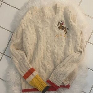 Polo by Ralph Lauren Cream Cable Knit Sweater with Colorful Accents. Cashmere.